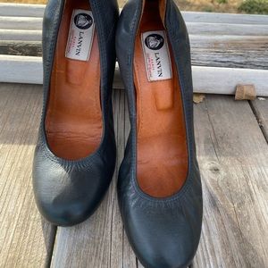 LANVIN Black Leather Wedges 39.5